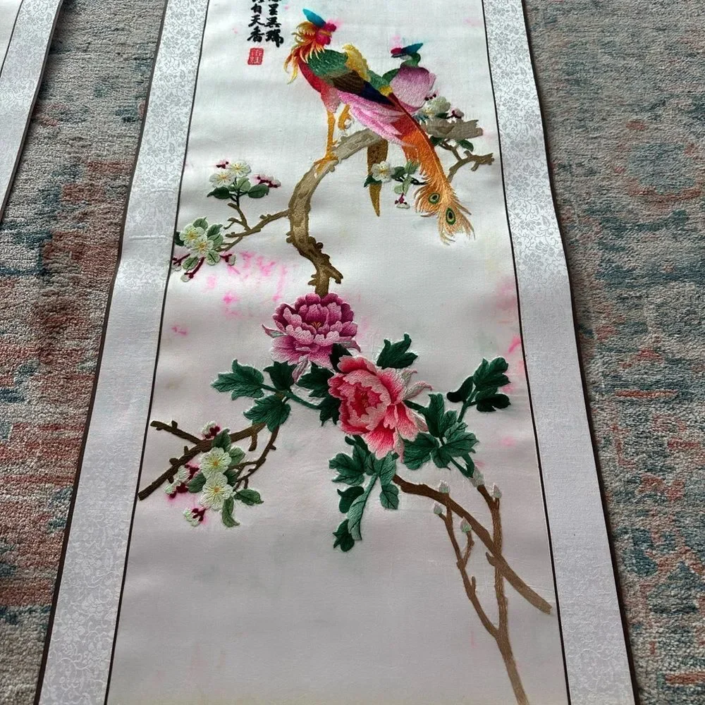 Vintage Chinese Silk Kesi Needlepoint Embroidered Tapestry Scroll 5 Panels Piece